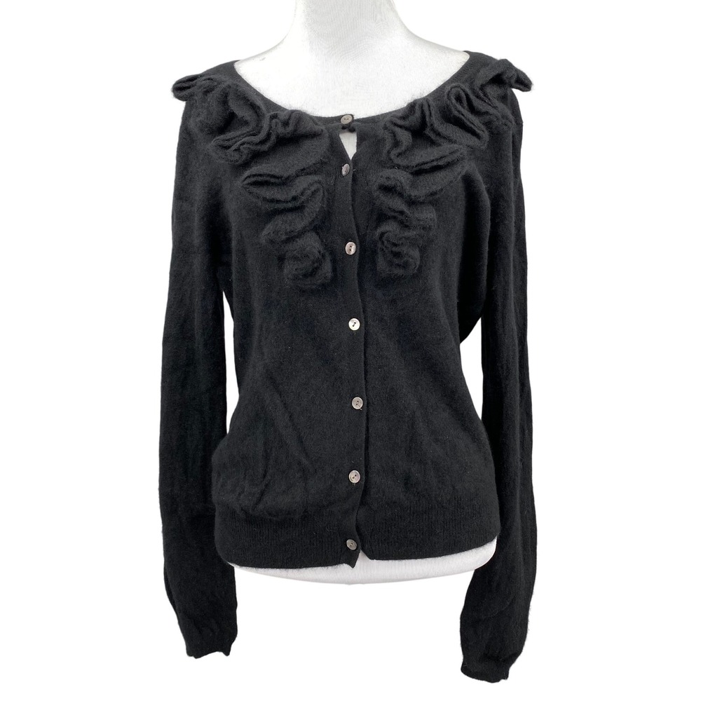 Red Moon Black 100% Cashmere‎ Ruffle Neck Button Front Cardigan Sweater Womens L